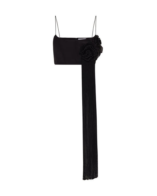 Cropped top with tassels and flower details in black, front. 