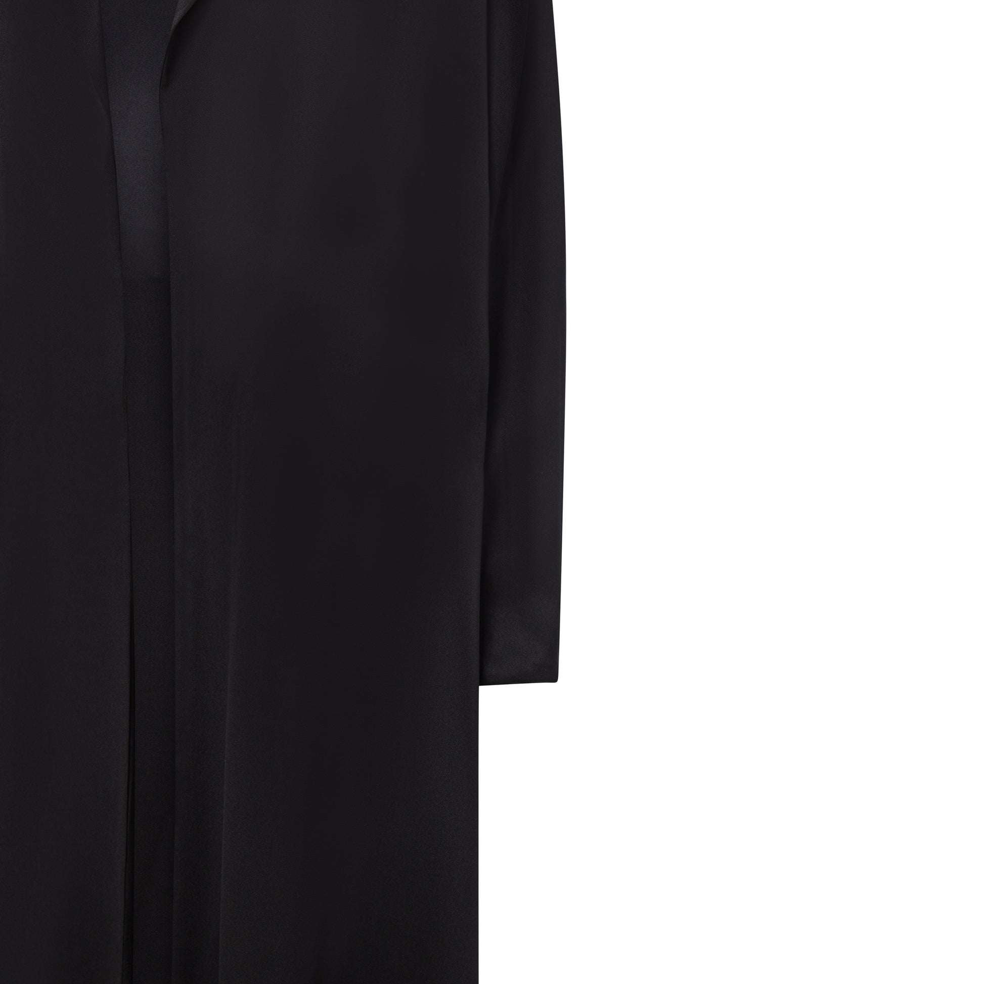 Satin coat, black, close up.