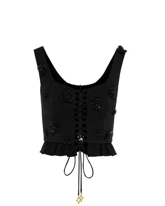 Black cropped Top with rope and flower detailing. Front