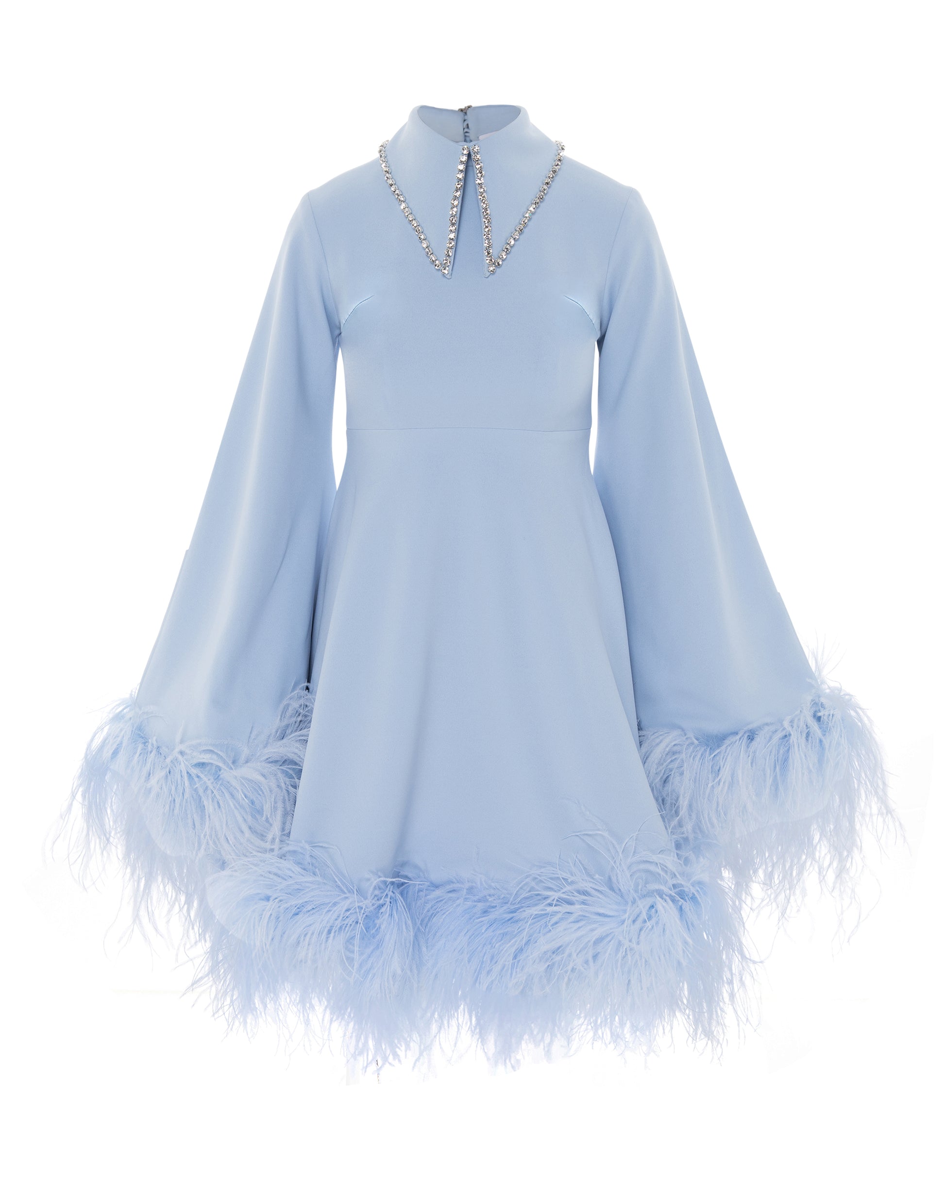 crystal collar, feather trimmed hem dress. ONORI