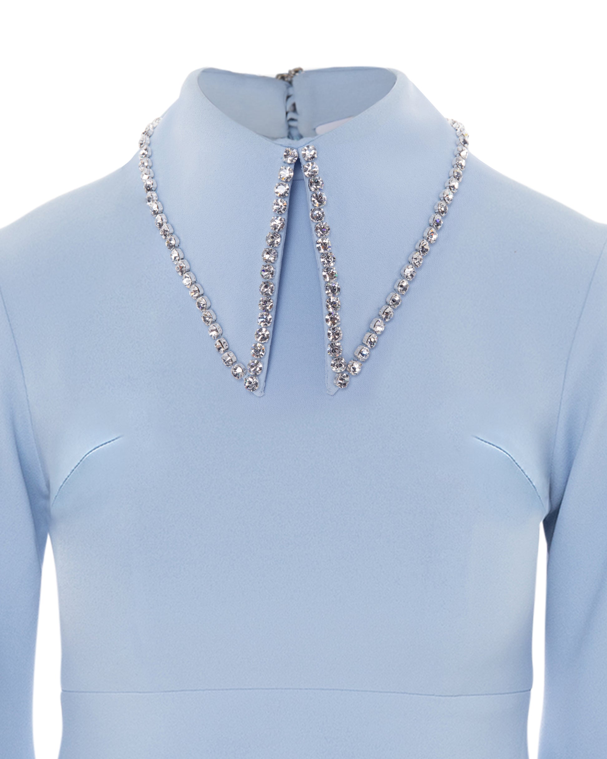 crystal collar, feather trimmed hem dress. ONORI