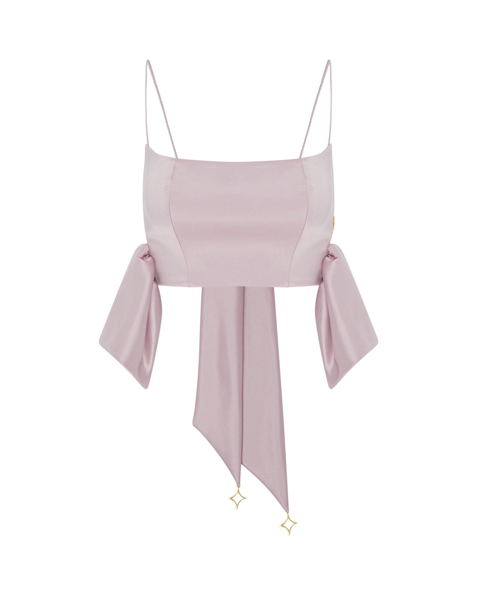 Pink cropped stop with bow detailing. Front. 
