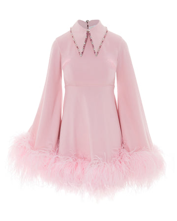 crystal collar, feather trimmed hem dress. ONORI