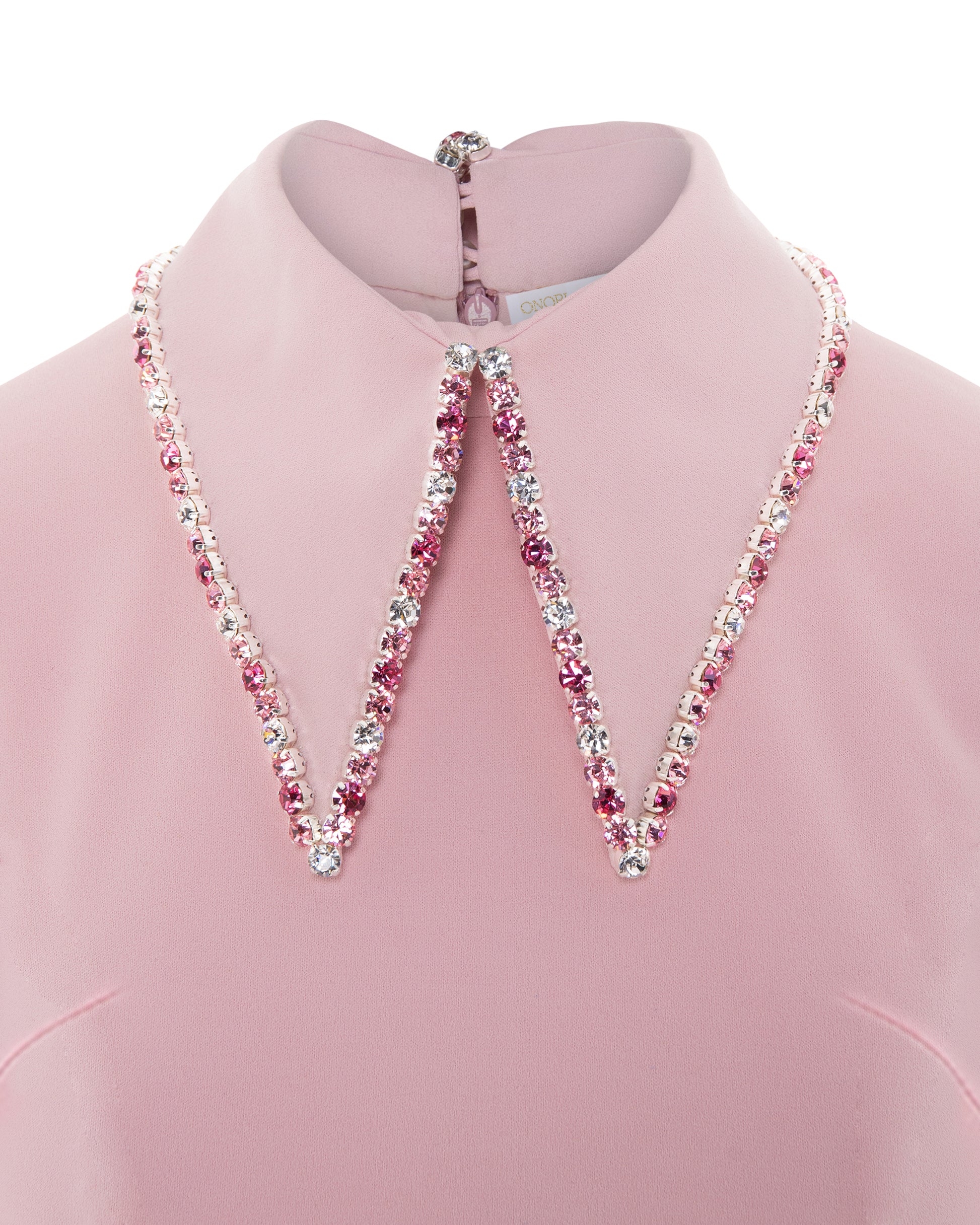 crystal collar, feather trimmed hem dress. ONORI