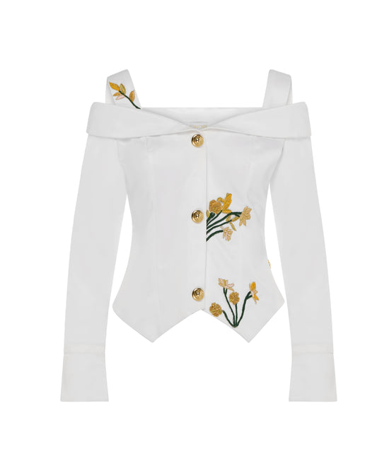 Full sleeve vest with embroidery. Ivory, Front.