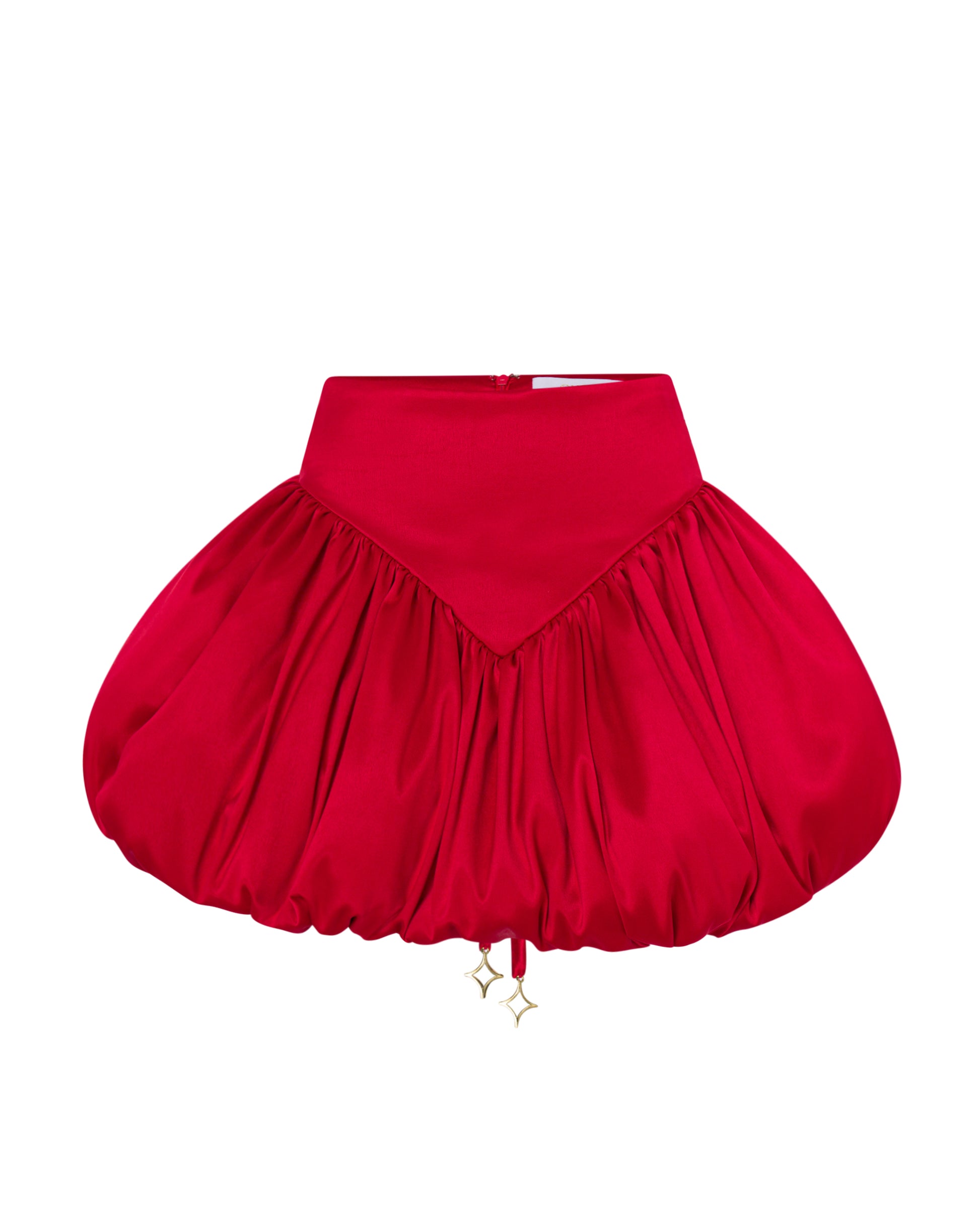 Red high waisted balloon skirt, front. 