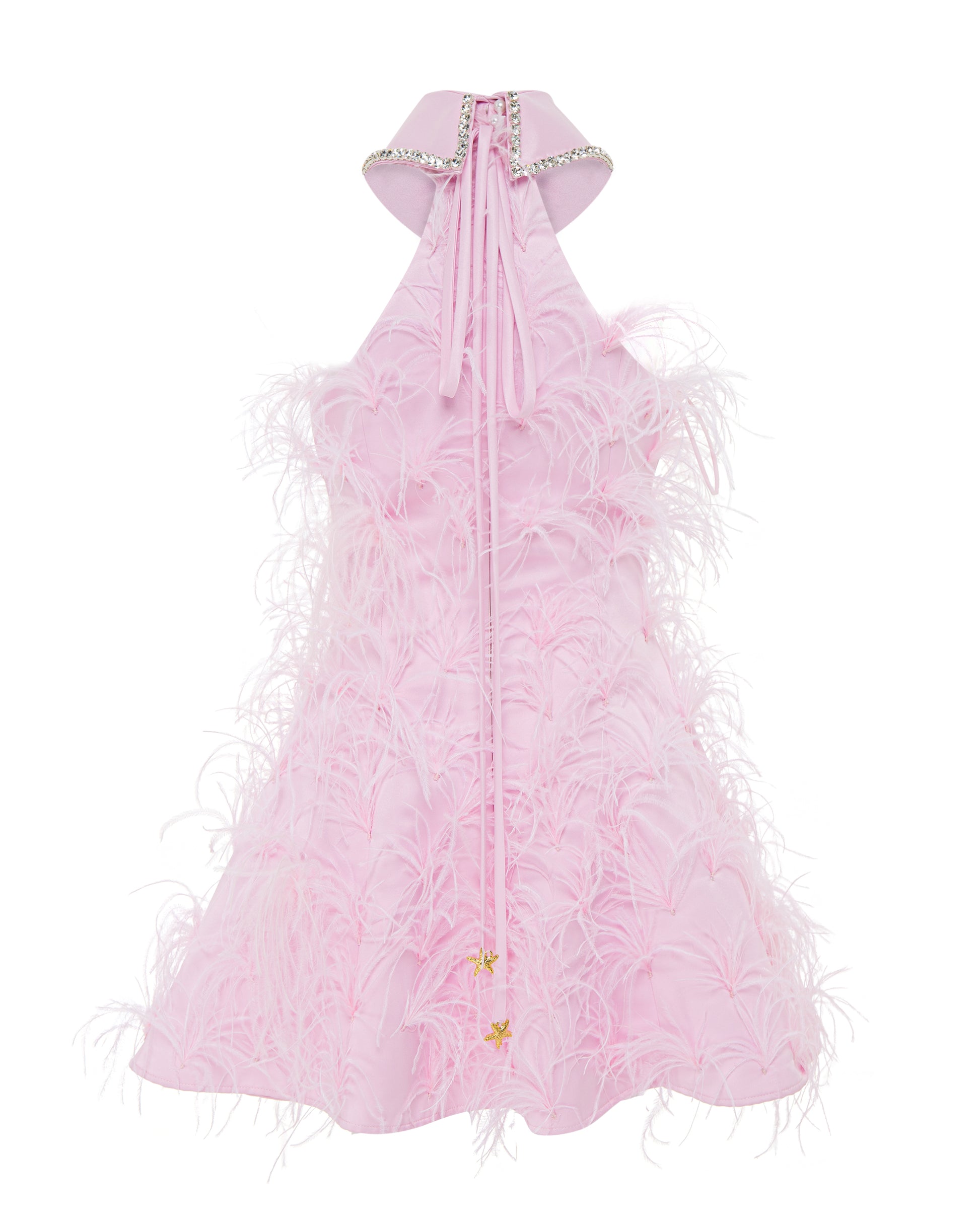 Crystal collared Grace Dress with feathers. Pink, back. 