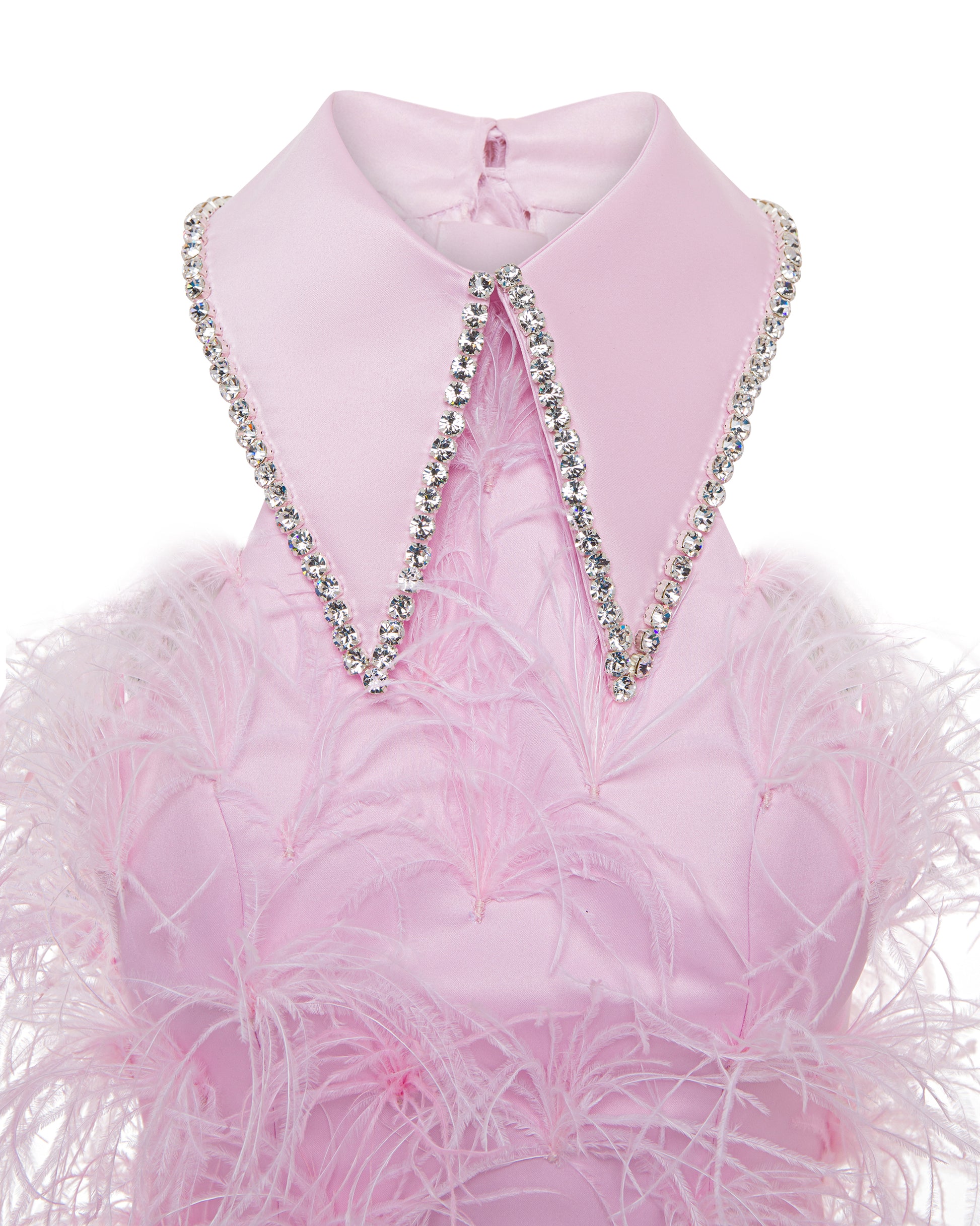 Crystal collared Grace Dress with feathers. Pink, close up. 