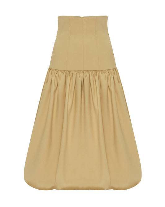 Gold ankle length skirt. Gold. Front.