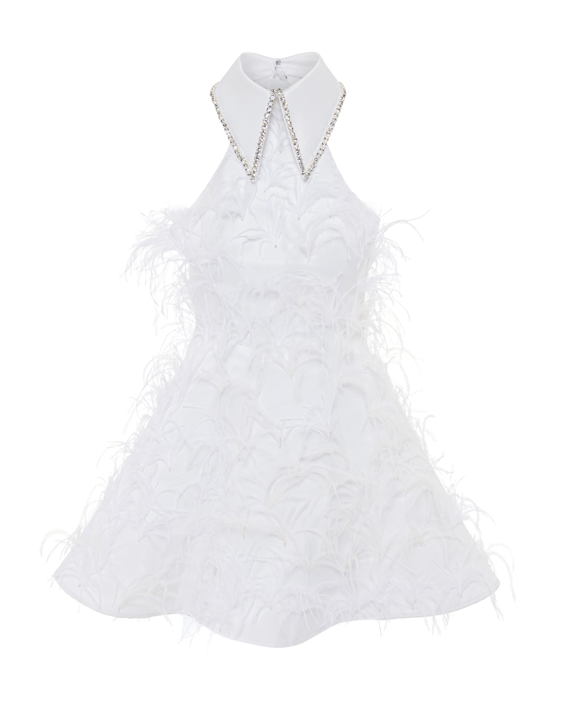 Crystal collared Grace Dress with feathers. Ivory, front. 