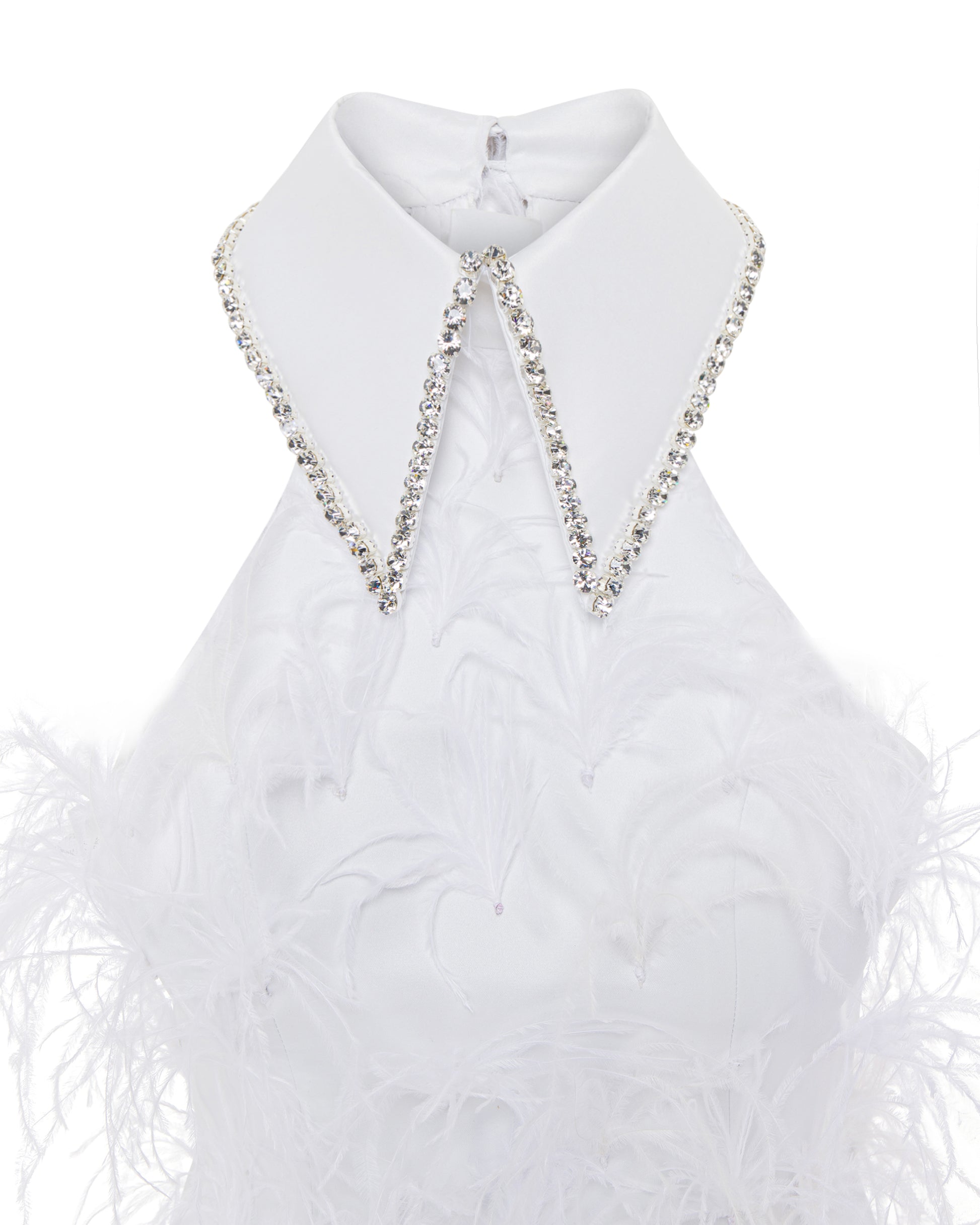 Crystal collared Grace Dress with feathers. Ivory, close up. 