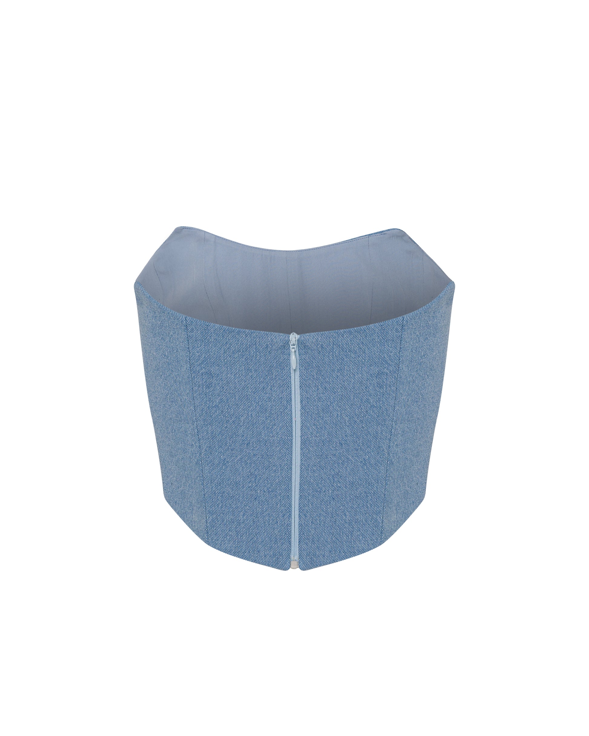 Denim mini skirt with ivory feathered hem. Back