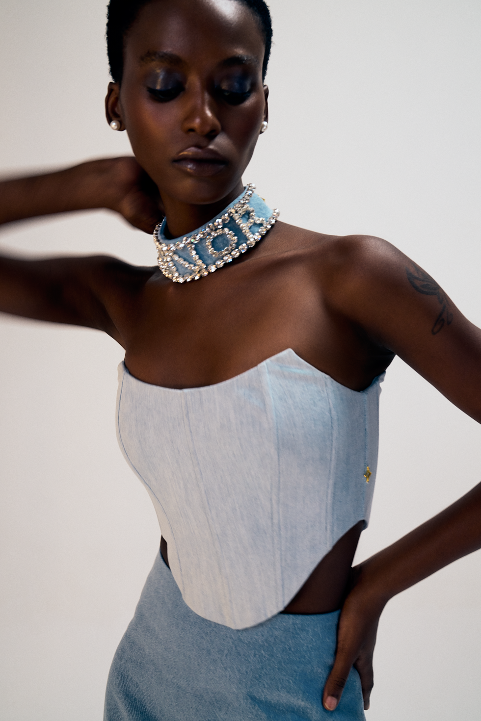 crystal denim choker. Front