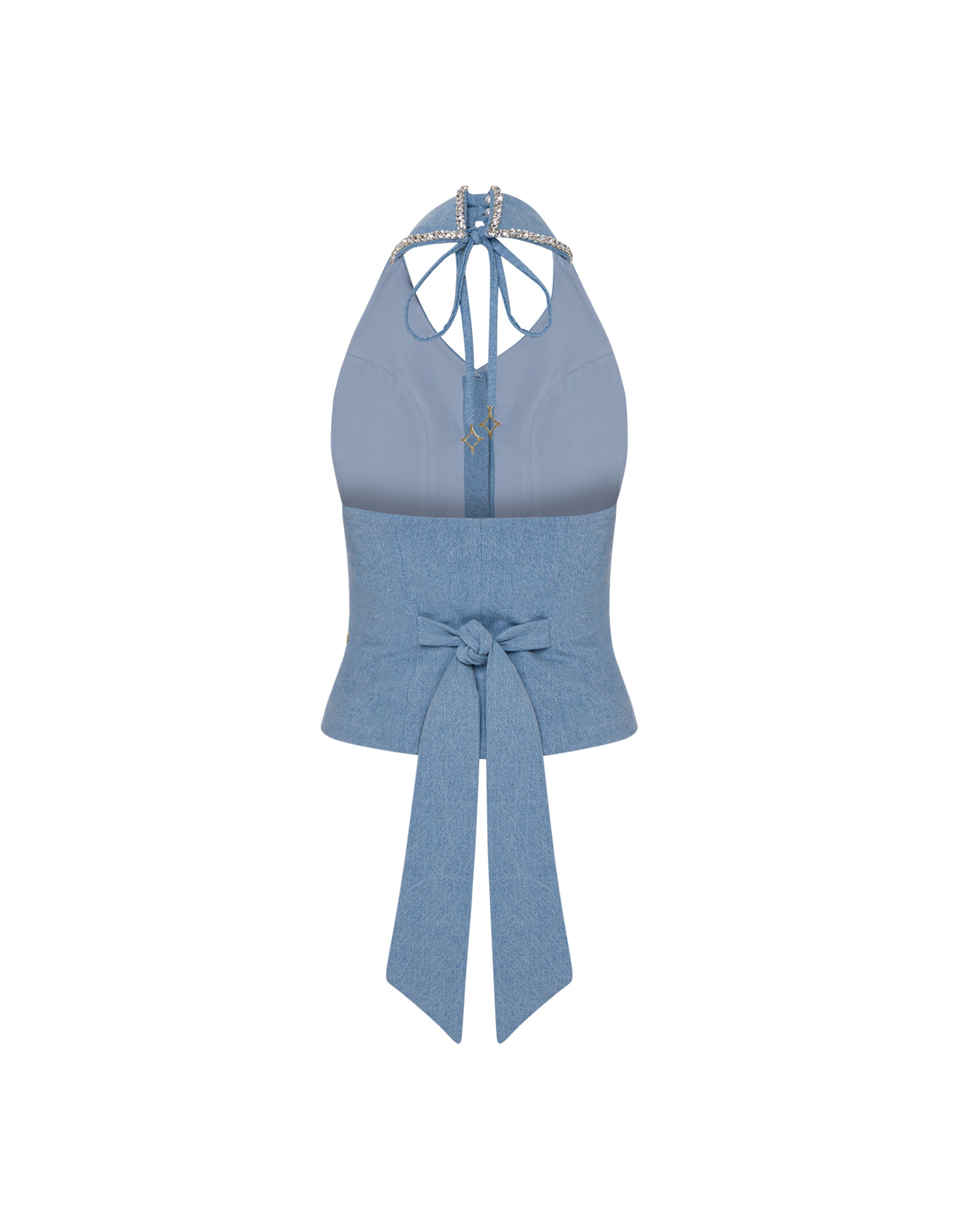 Halter neck, crystal collared vest with crystal button detailing. Back