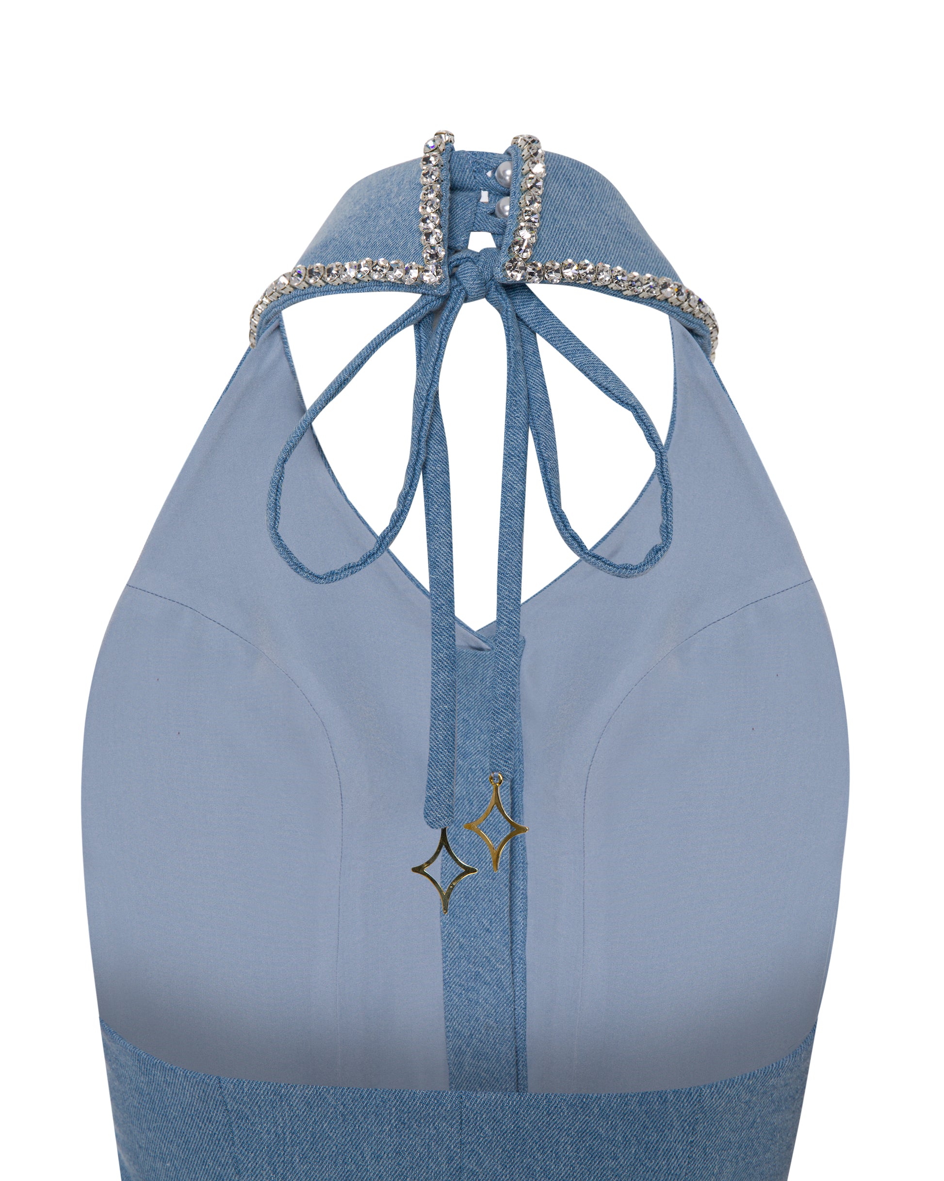 Halter neck, crystal collared vest with crystal button detailing. Back
