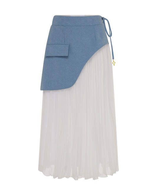 Denim skirt, chiffon, front. 