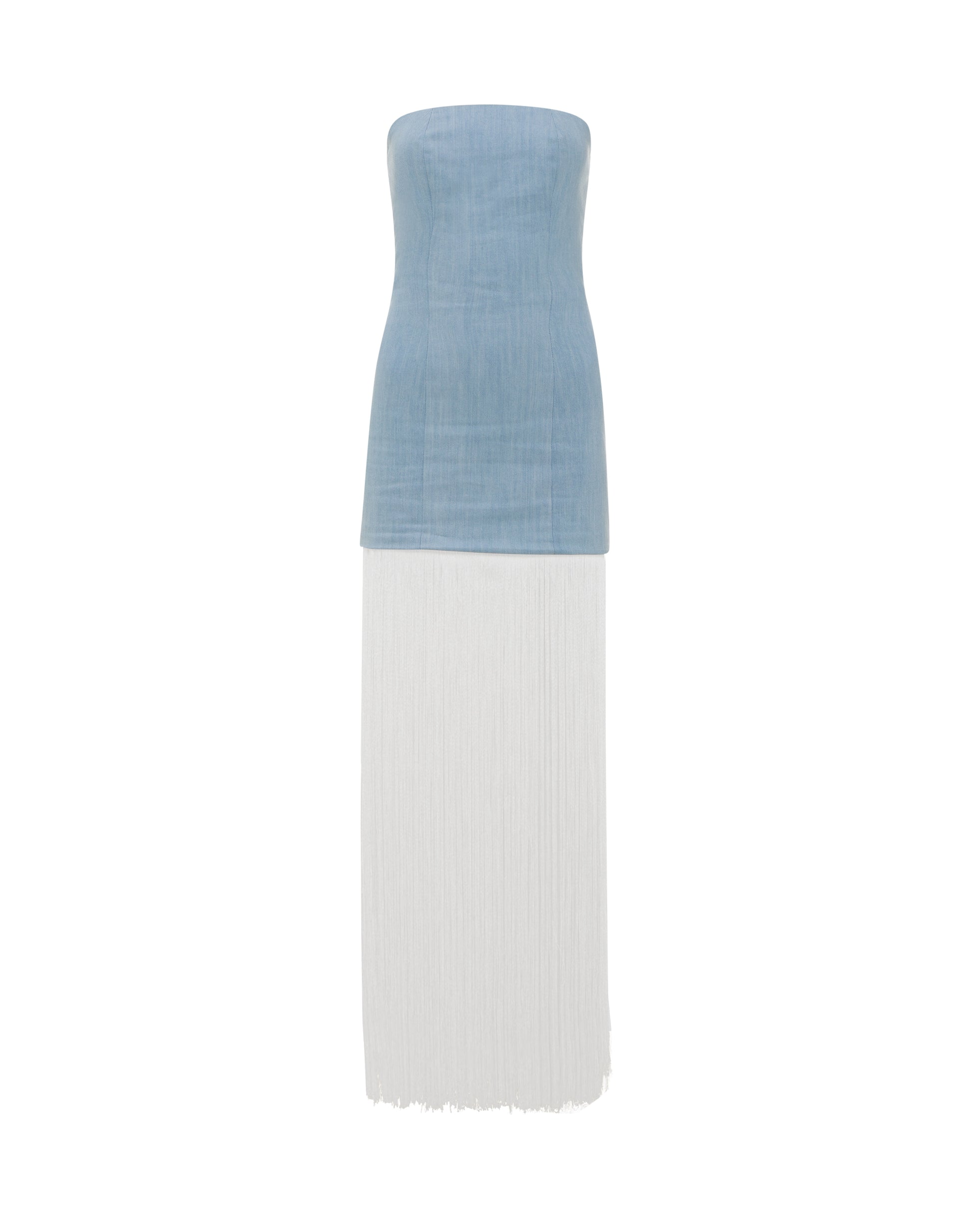 Denim dress with contrast ivory tassels. Front
