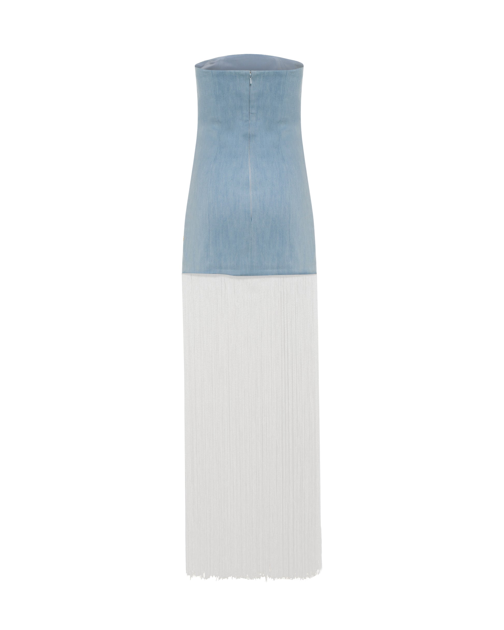 Denim dress with contrast ivory tassels. Back.
