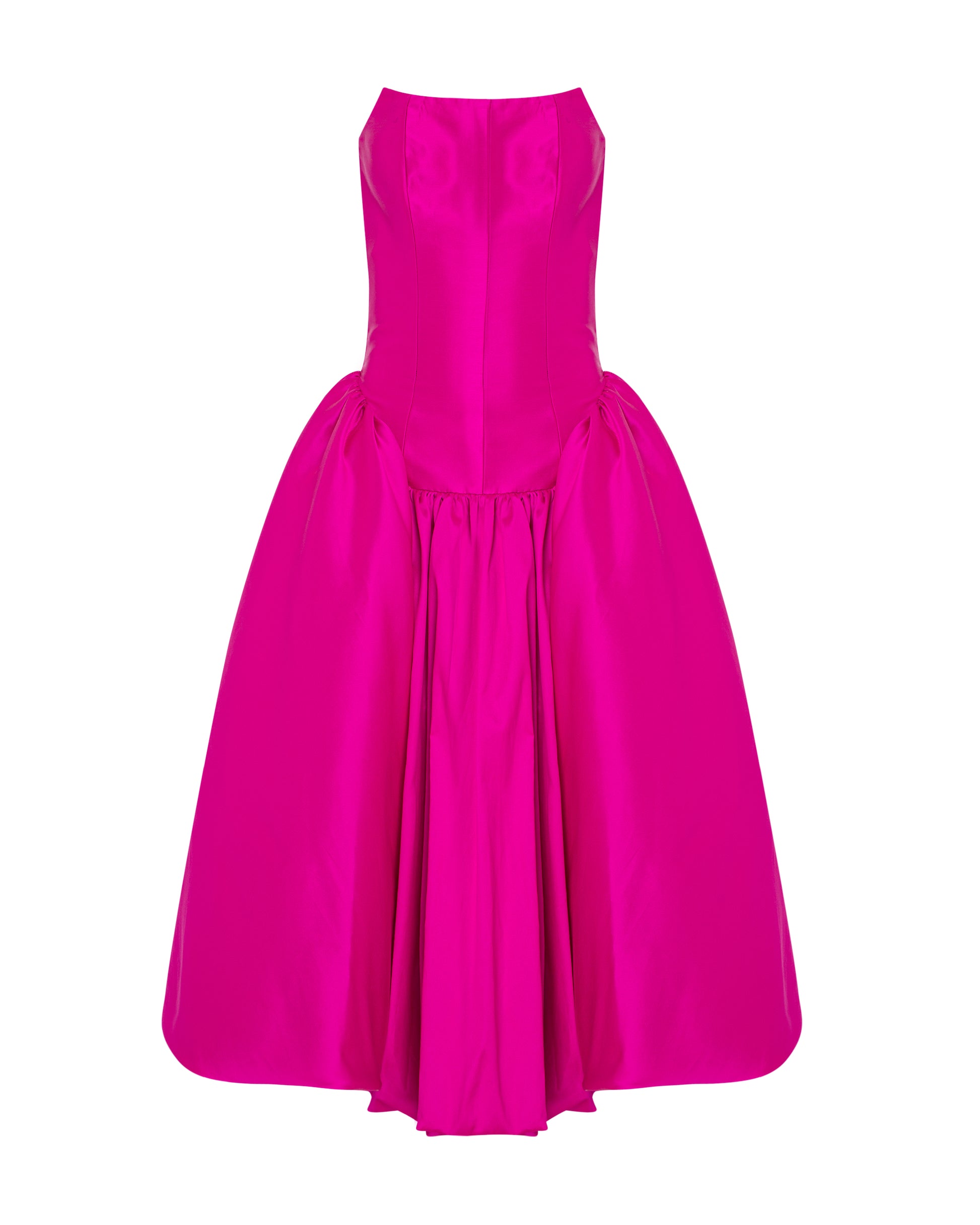 Fuchsia fitted bodice taffeta dress, front. ONORI