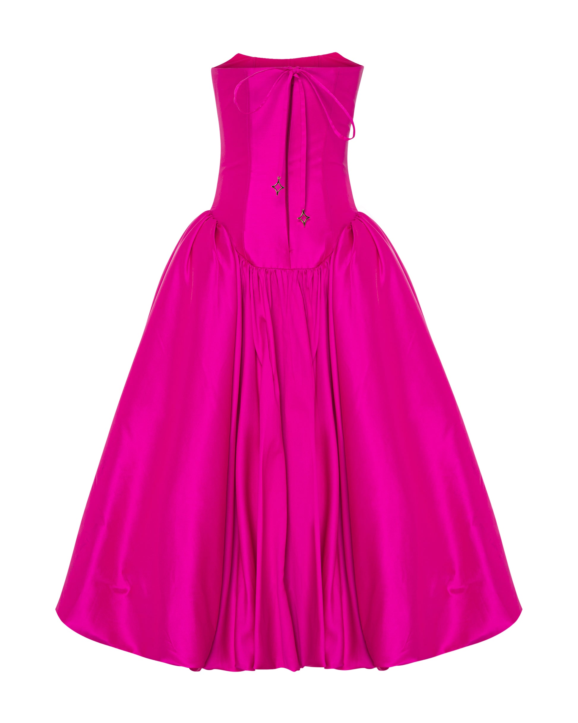 Fuchsia fitted bodice taffeta dress, back. ONORI