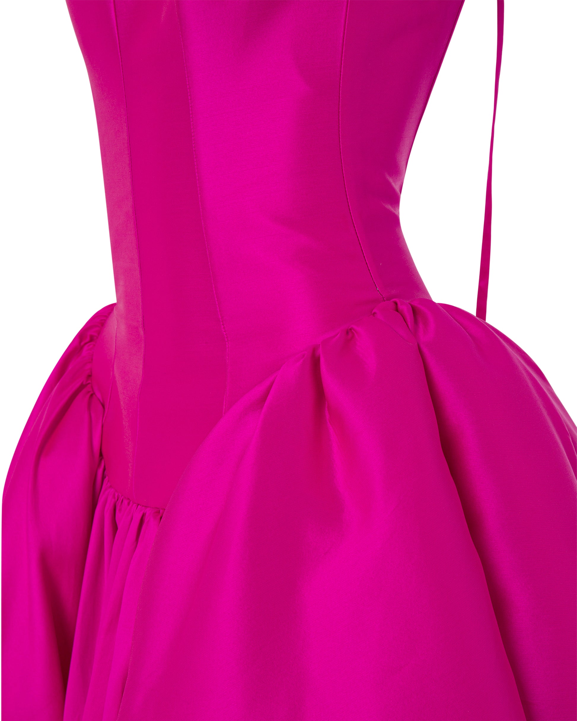 Fuchsia fitted bodice taffeta dress, close up. ONORI
