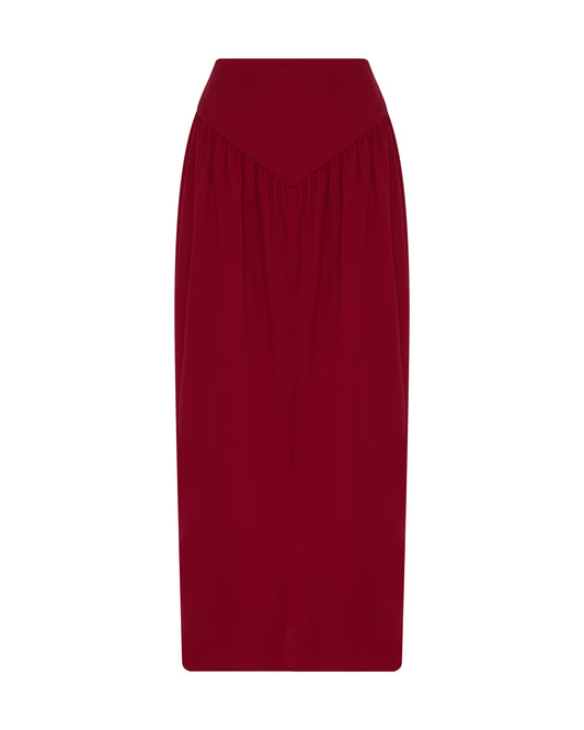 Lycra, red ankle length skirt. Front.