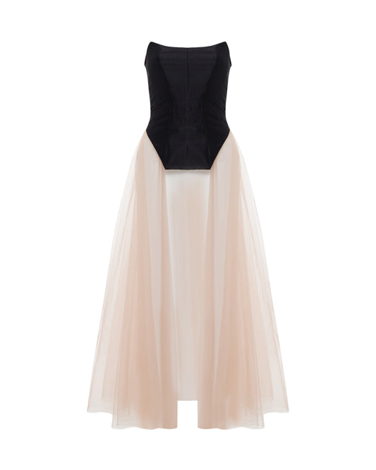 Black corset top with nude tulle trail. Front