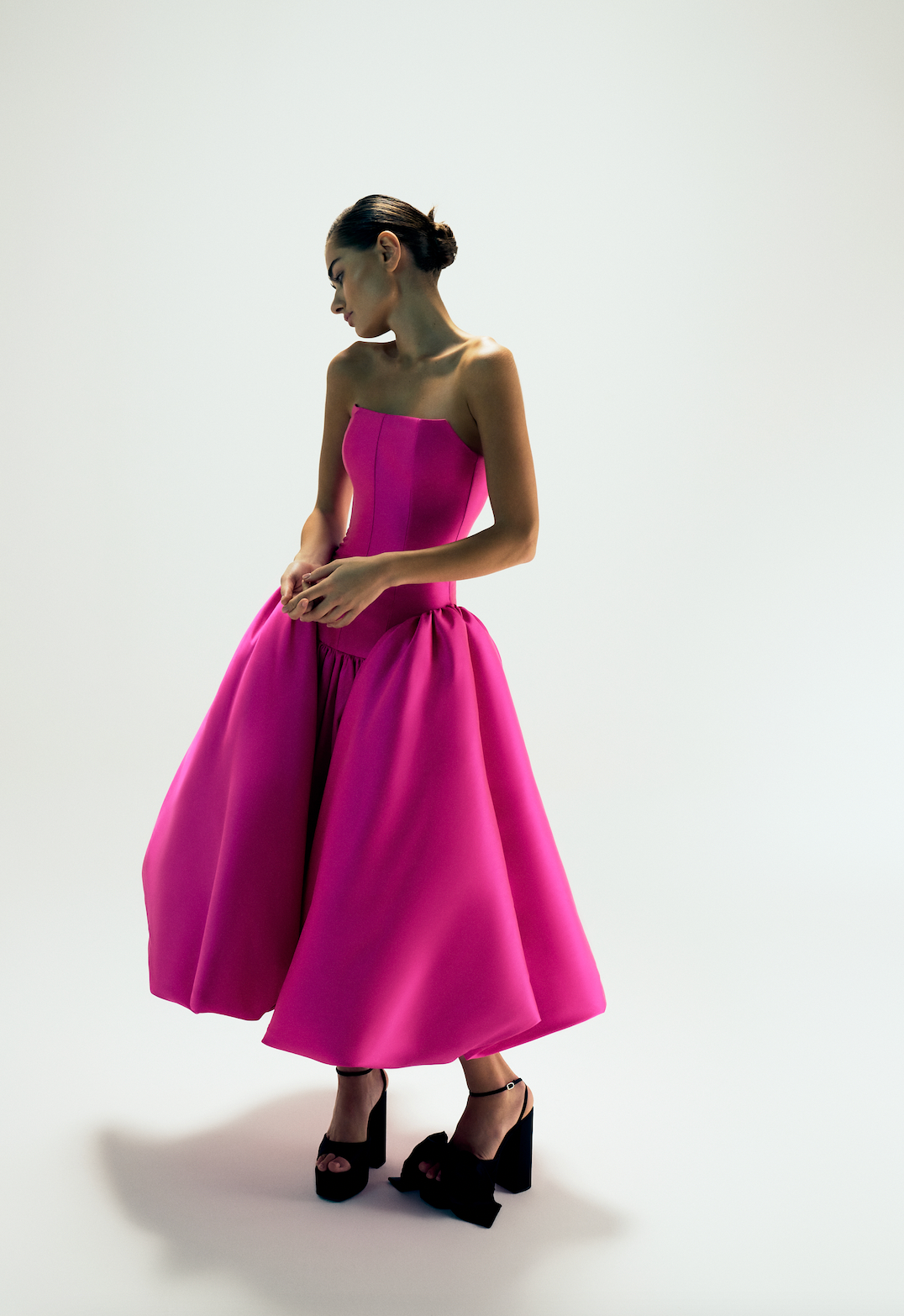 Fuchsia fitted bodice taffeta dress, front. ONORI