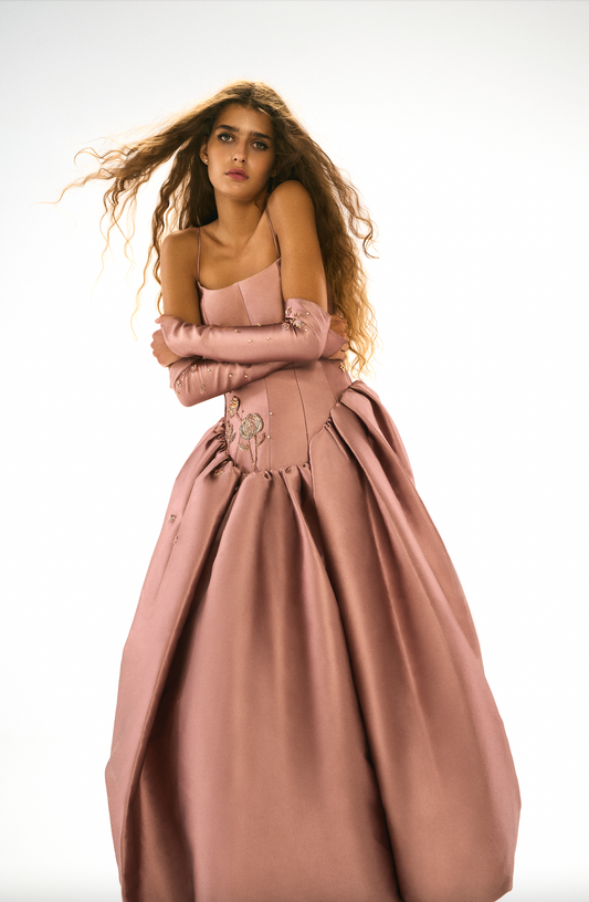 Dress with gloves and embroidery. Pink, front. 