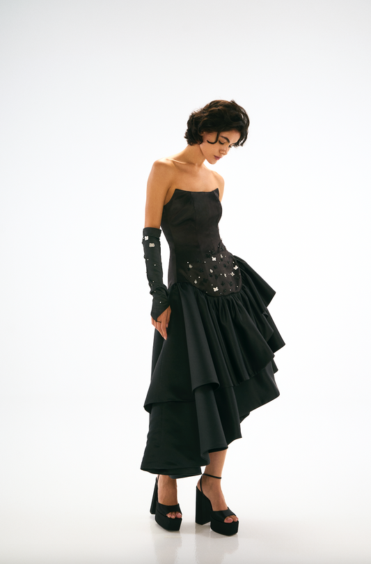 gloves, black, embroidery, Black asymmetrical dress with embroidery, strapless. Front