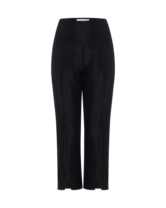 Black, high waisted, tailored pants. Front