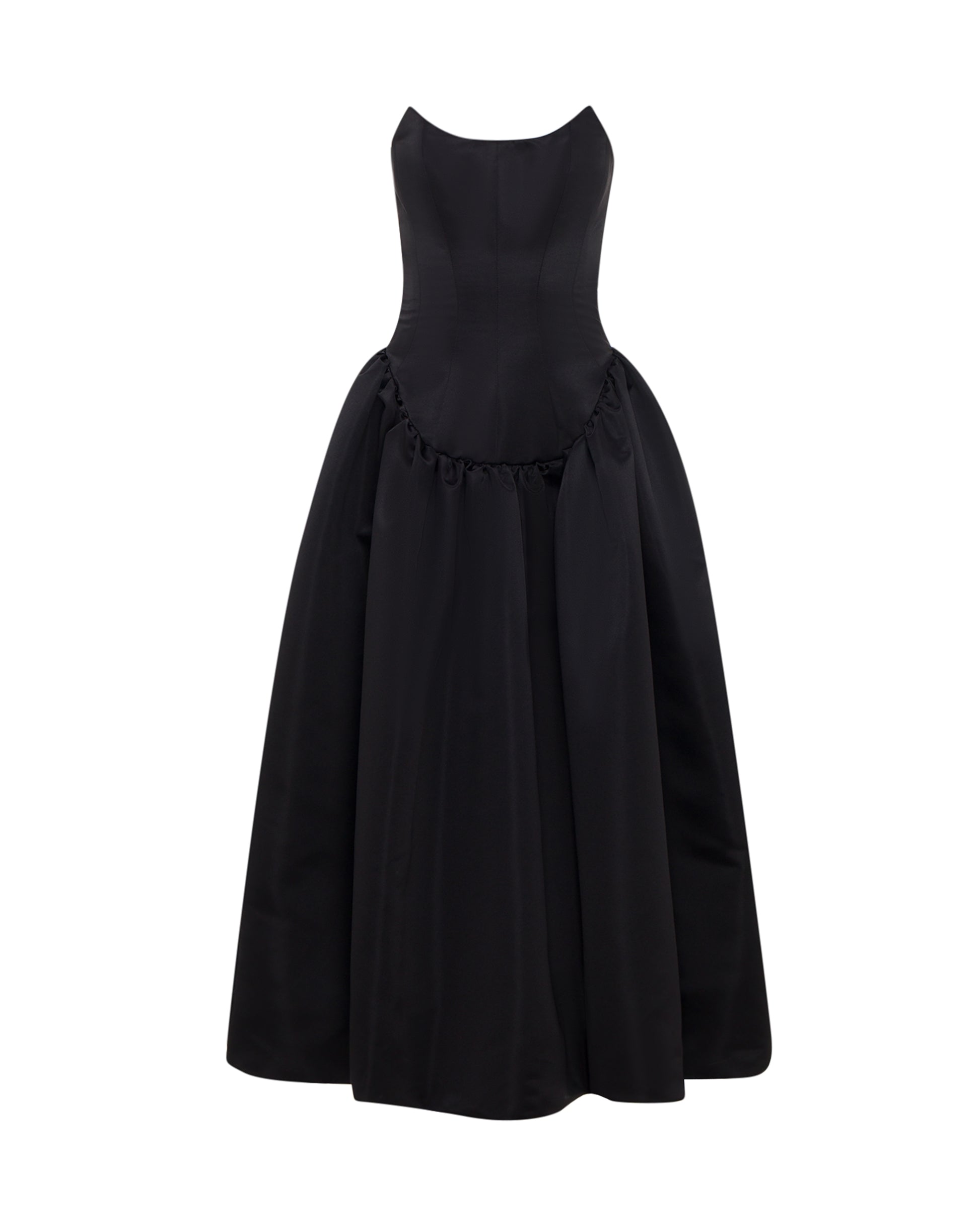 Black fitted bodice satin dress, front.  ONORI