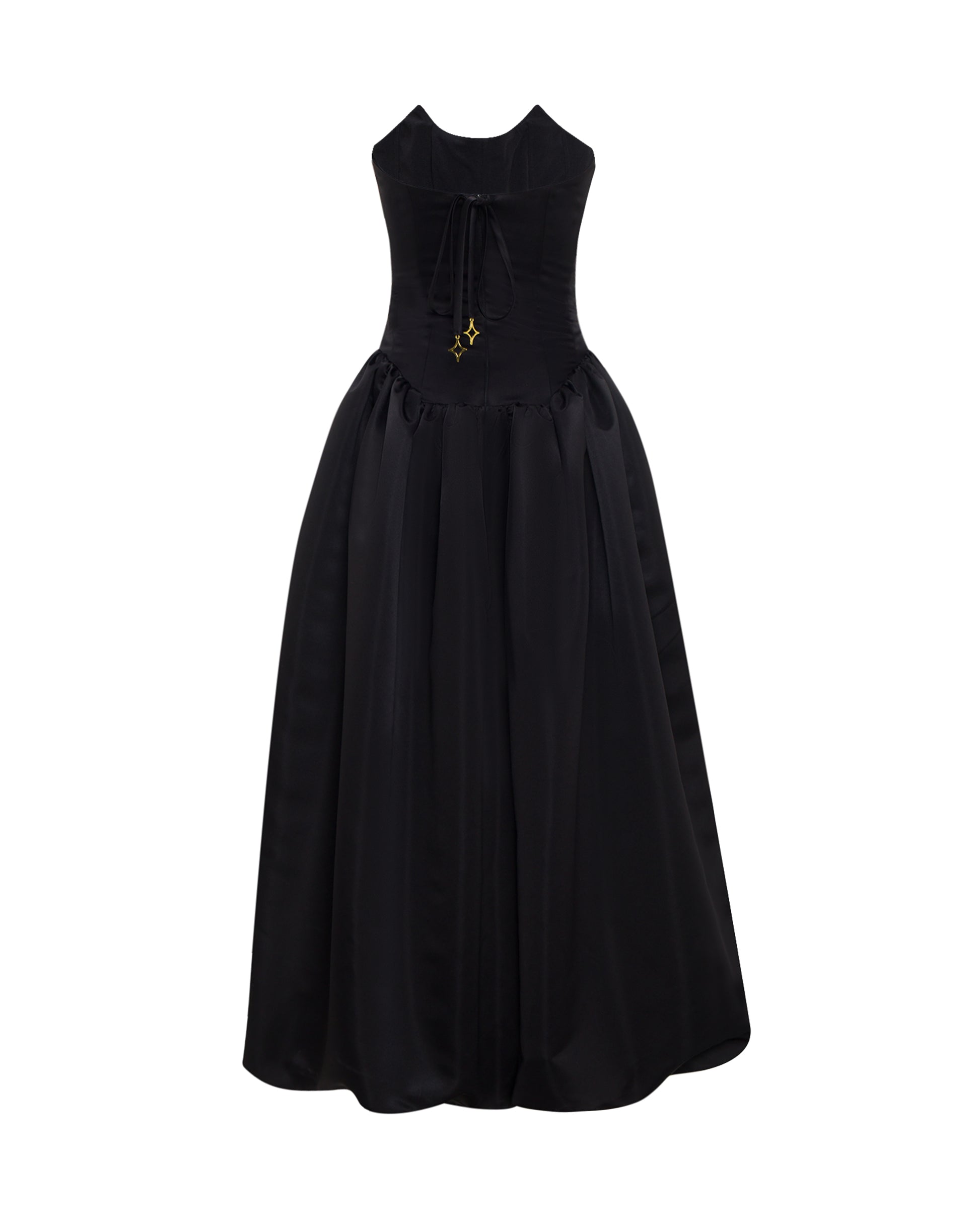 Black fitted bodice satin dress, back. ONORI