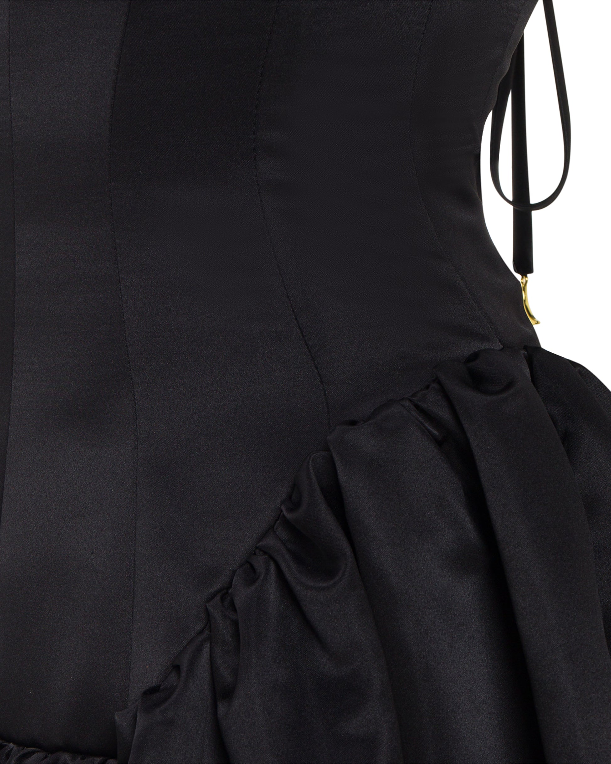 Black fitted bodice satin dress, Close up. ONORI