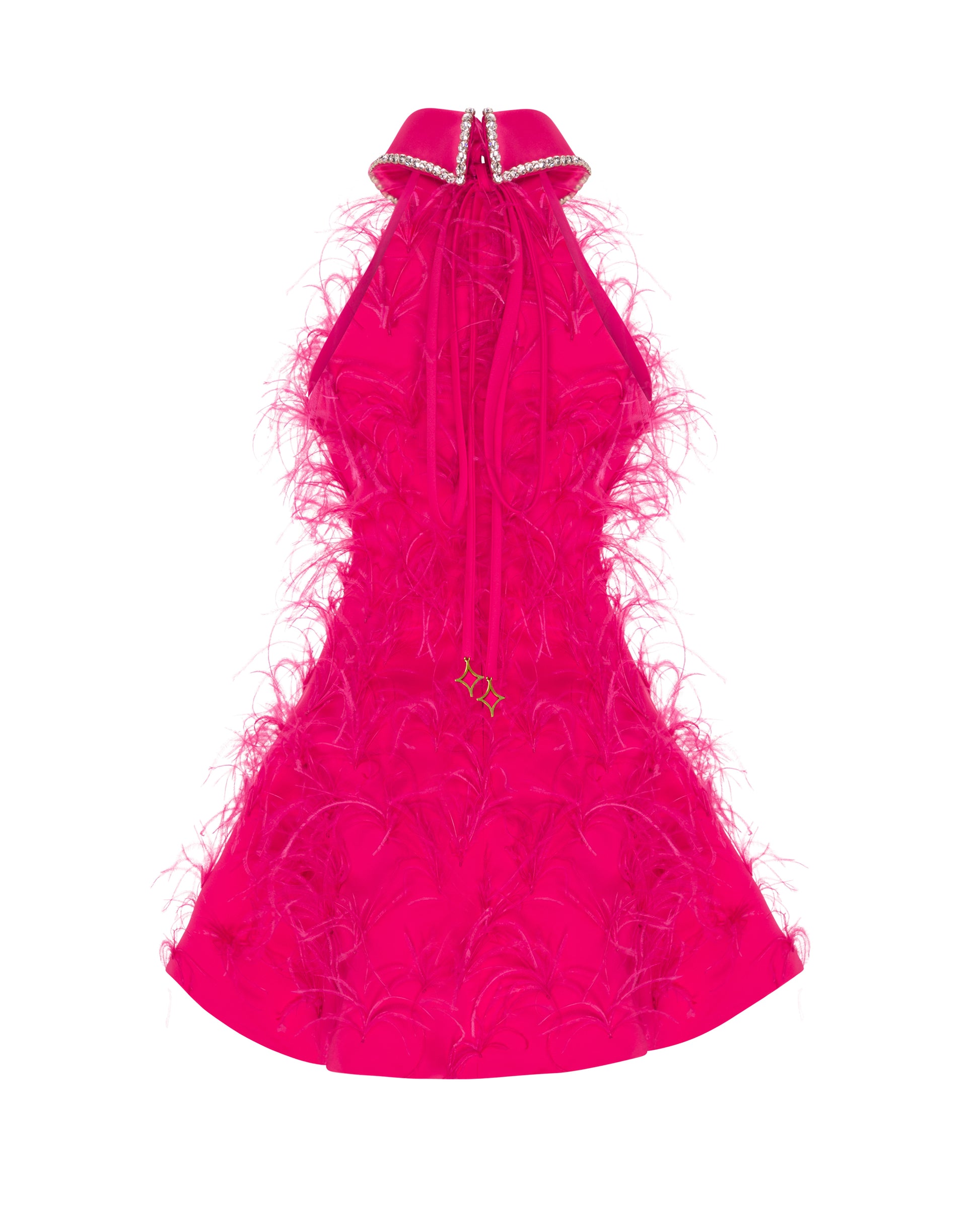 Crystal collared Grace Dress with feathers. Fuchsia, back. 