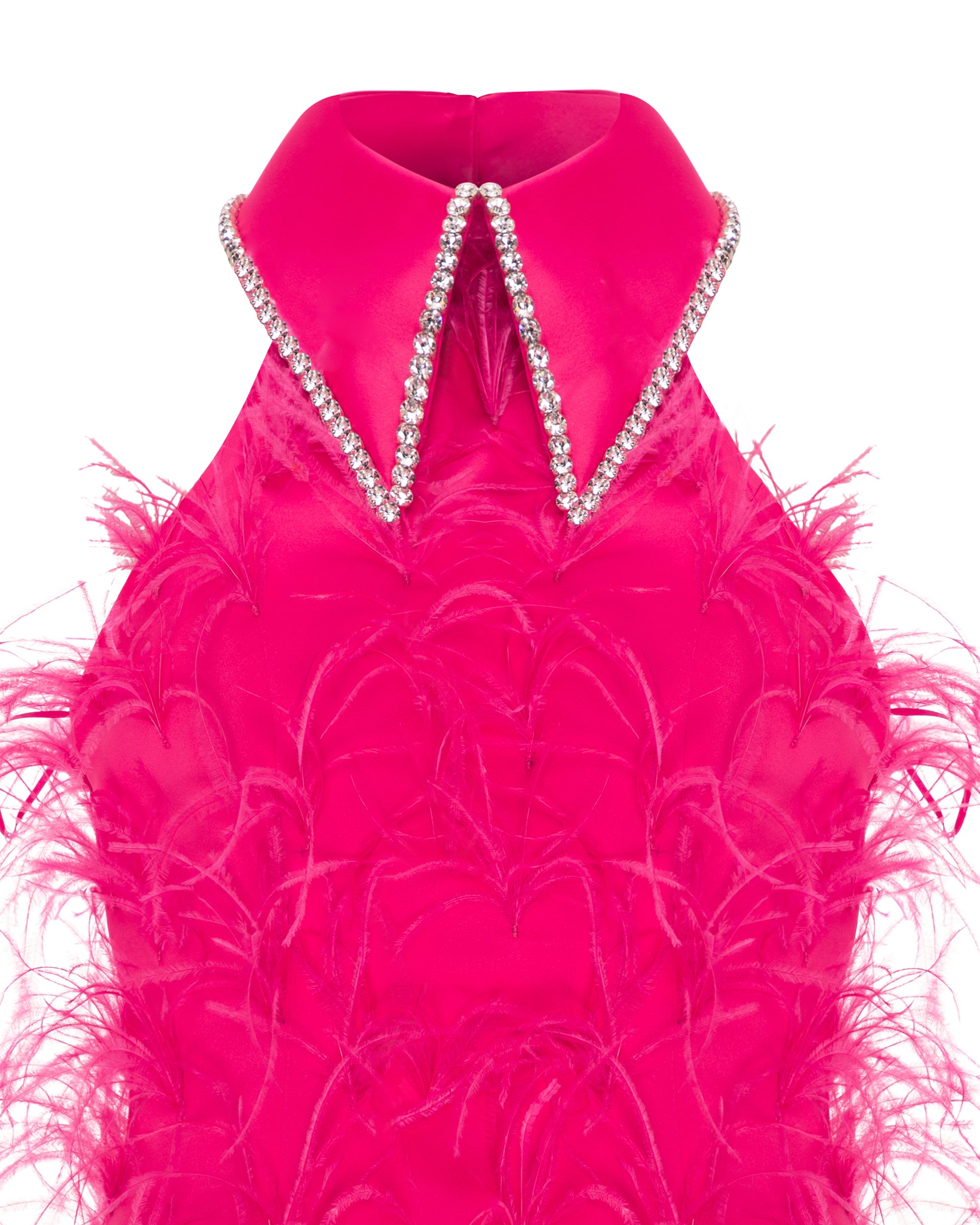 Crystal collared Grace Dress with feathers. Fuchsia, close up. 