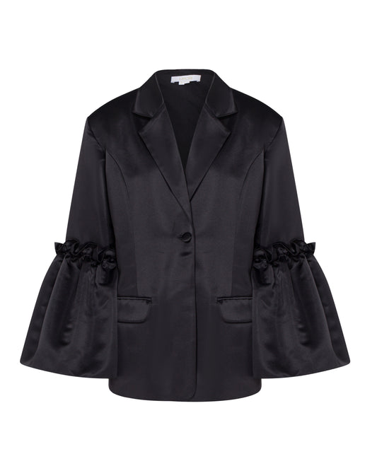 Black satin blazer with ruffled sleeves. Front