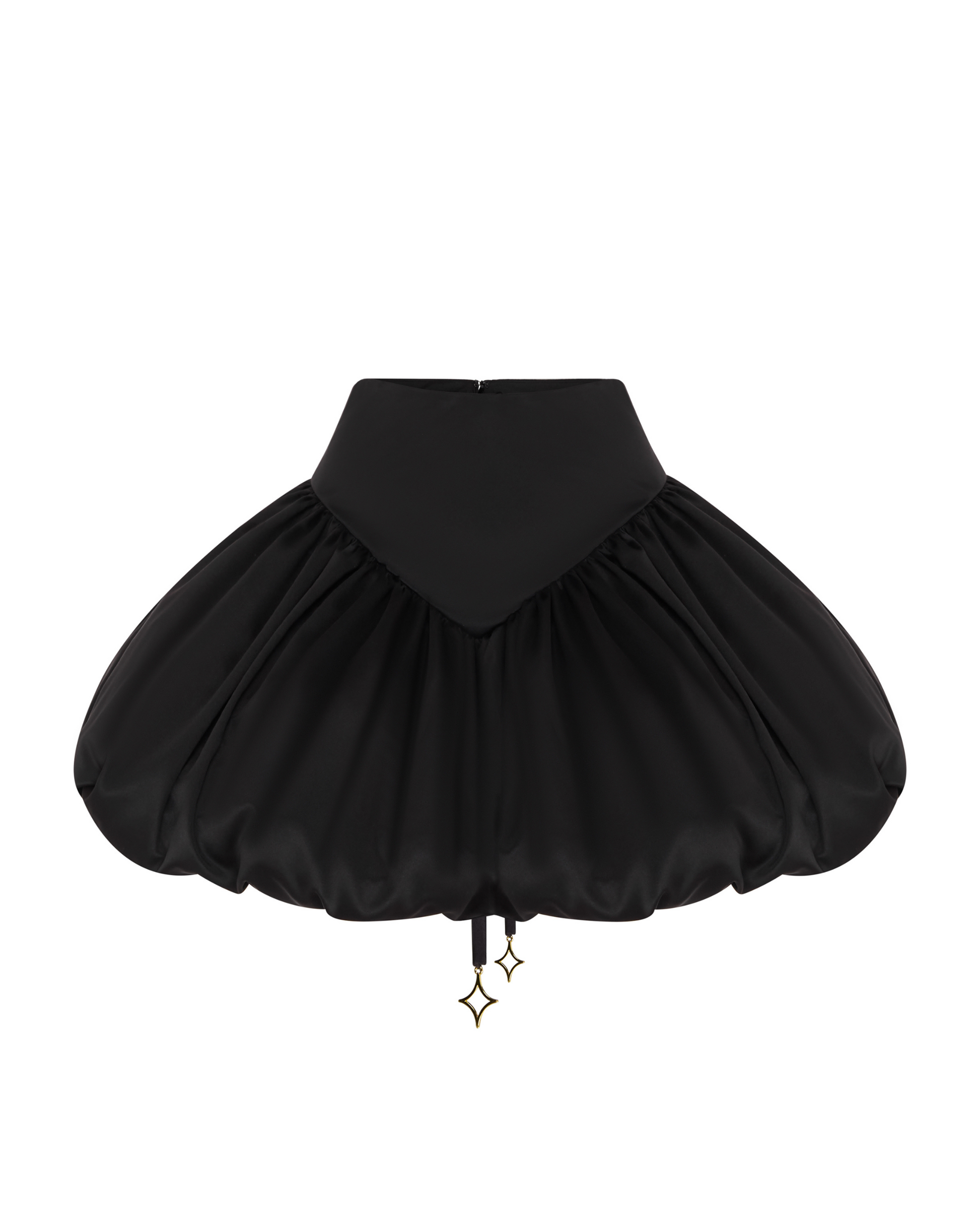 Black high waisted balloon skirt, front. 