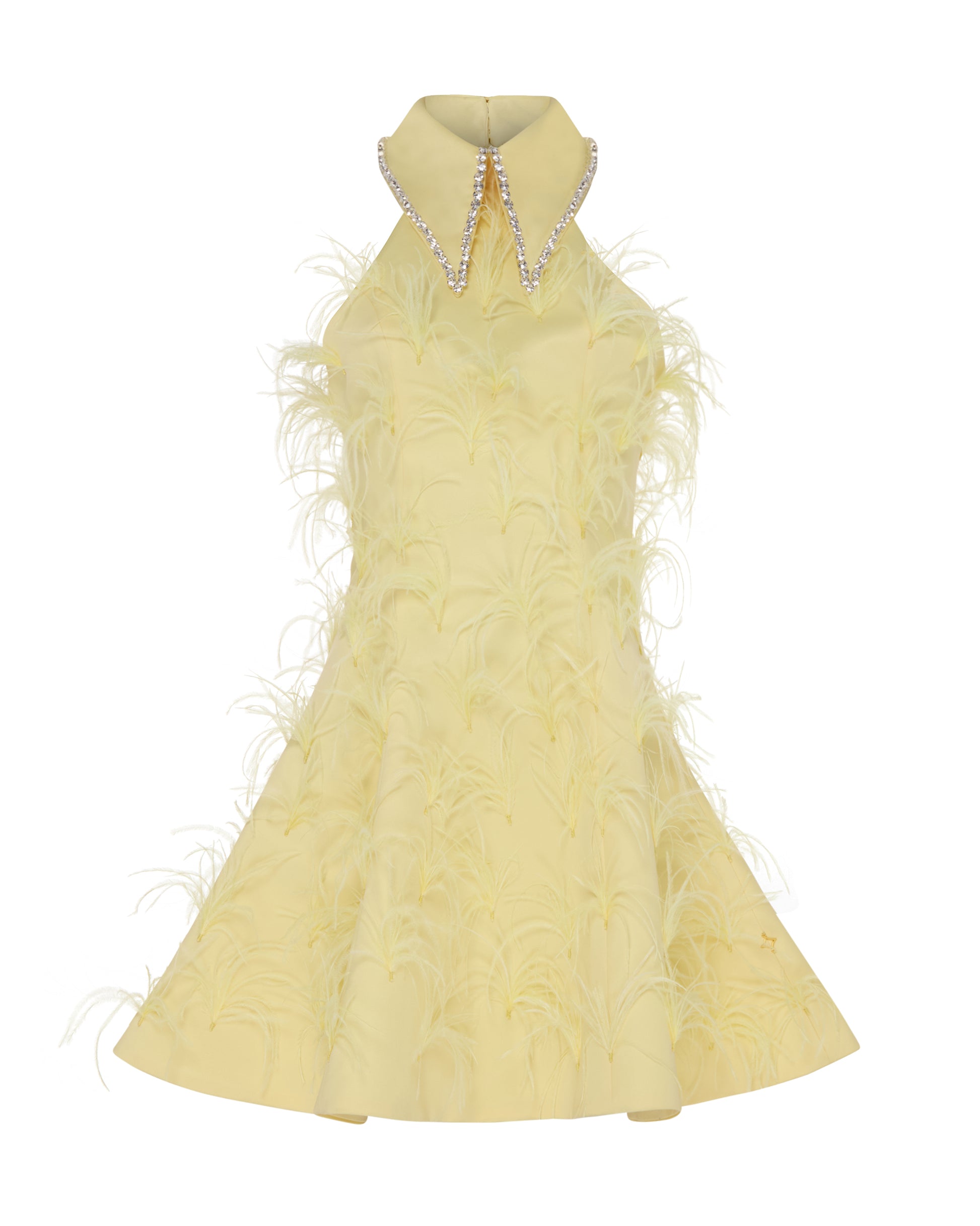 Crystal collared Grace Dress with feathers. Yellow, Front