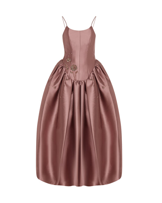 Pink dress with embroidery, ankle length. Front