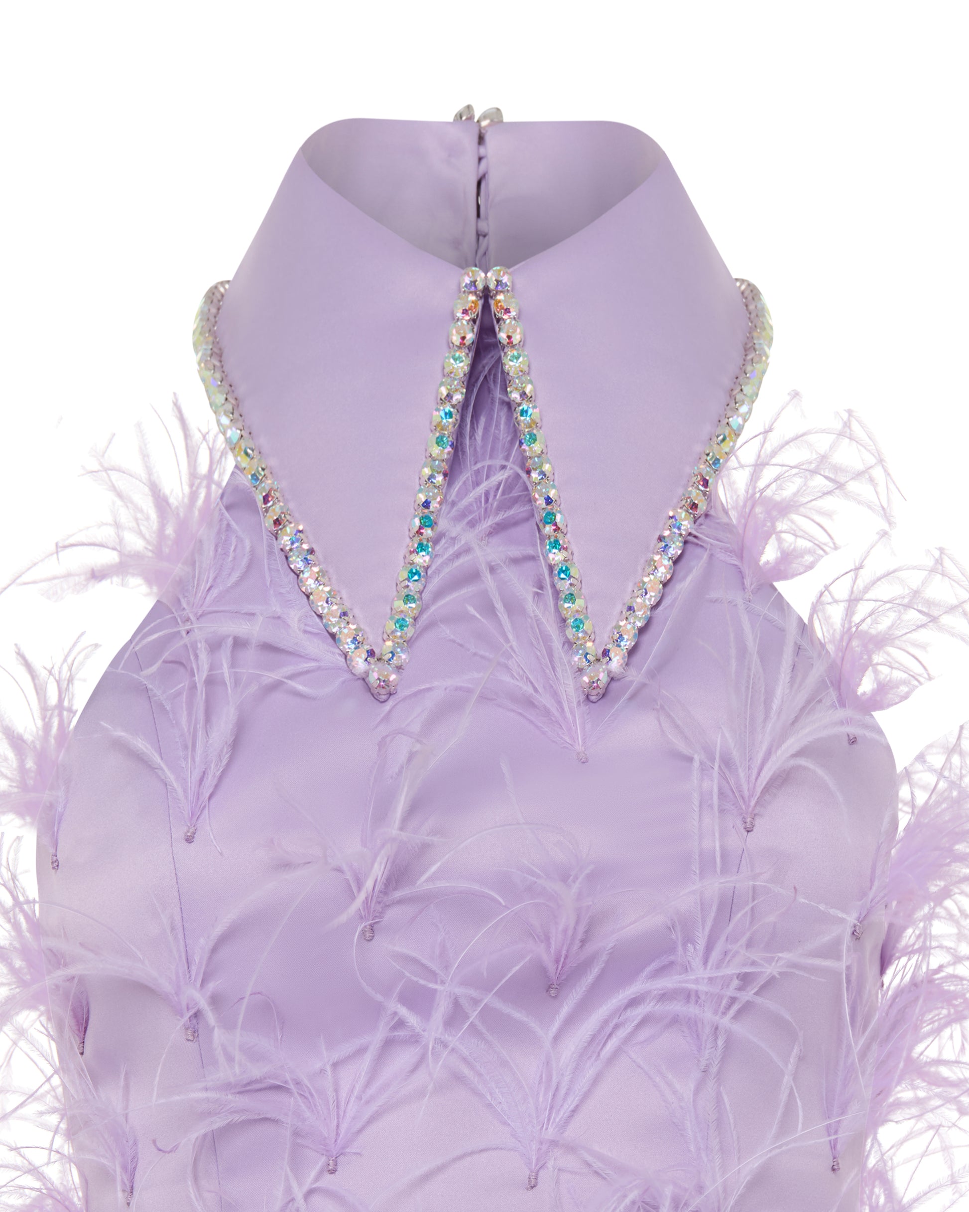 Crystal collared Grace Dress with feathers. Lavender, collar. 