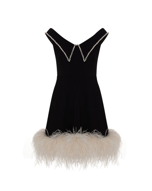 Short feather trimmed dress with crystals, black, front. 