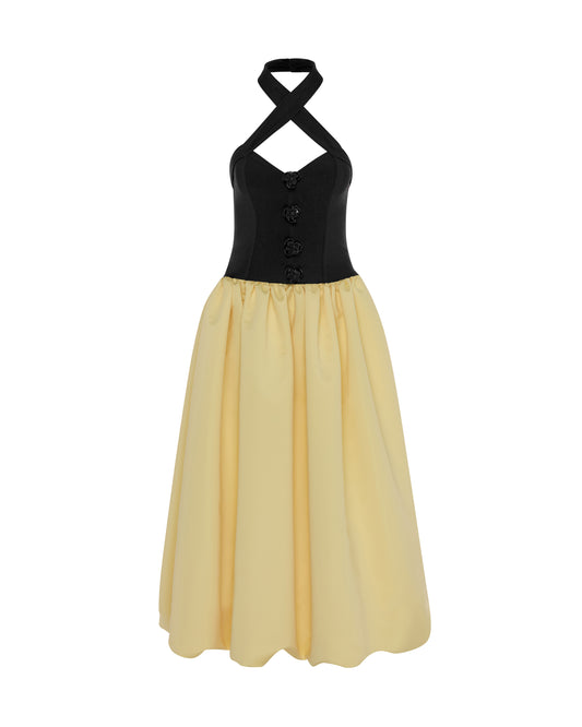 Ankle length dress, black and yellow. Front
