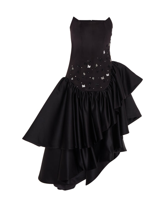 Black asymmetrical dress with embroidery, strapless. Front