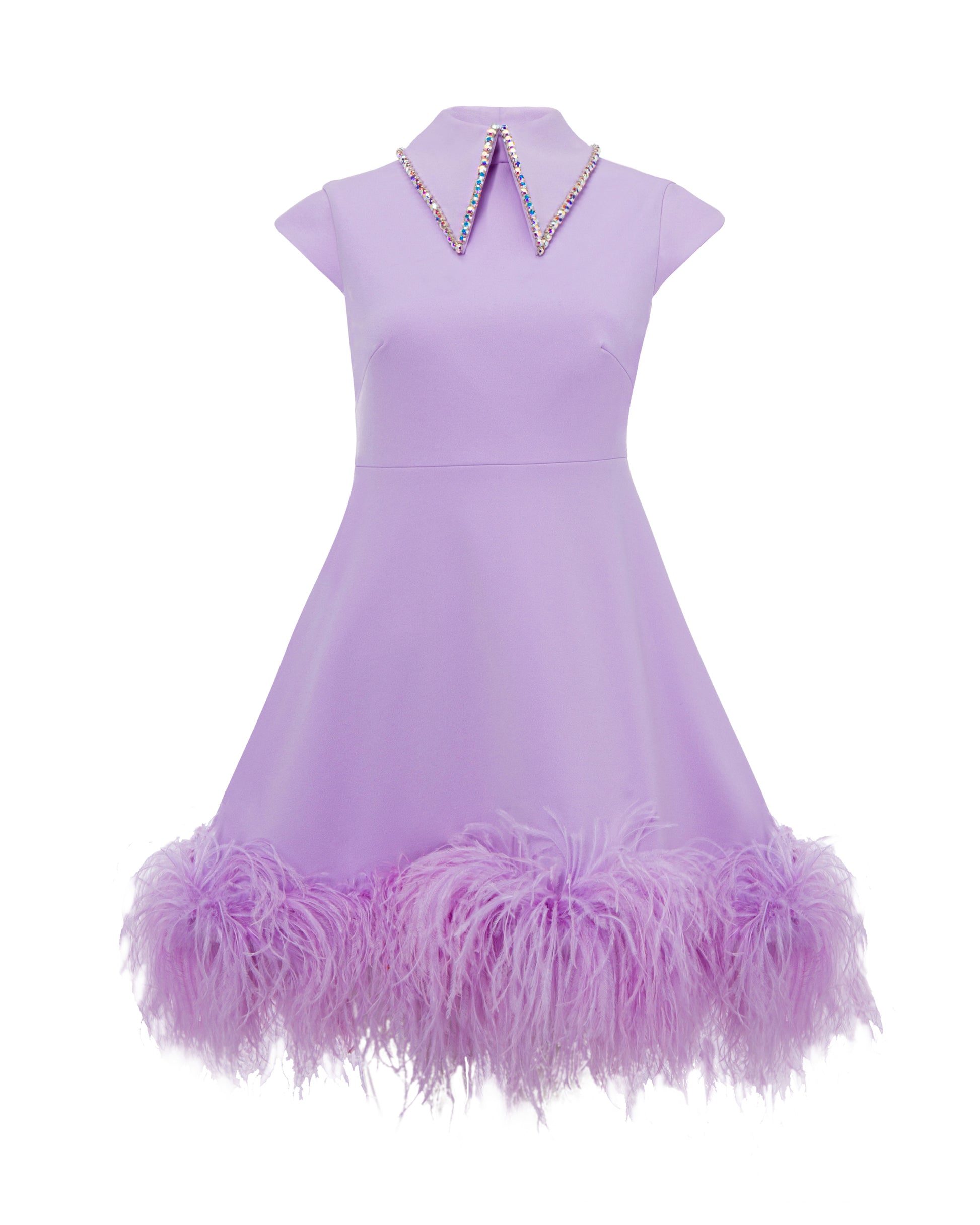 Crystal collar short dress with feather trimmed hem, lavender, front