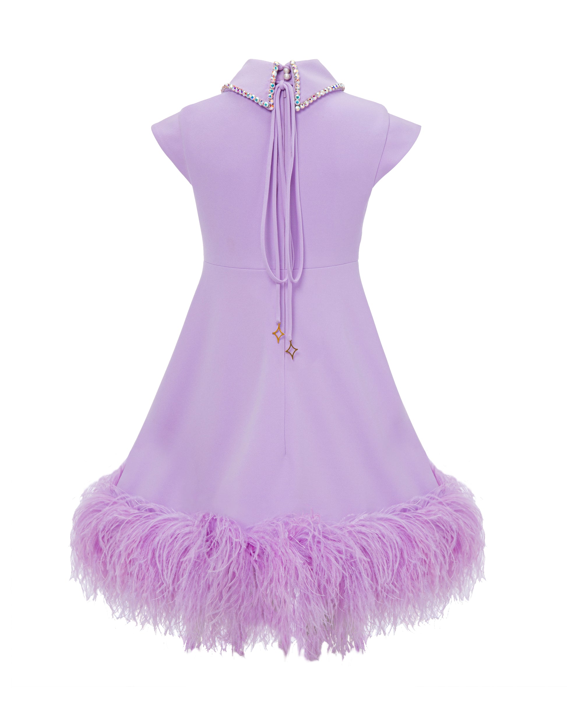 Crystal collar short dress with feather trimmed hem, lavender, back