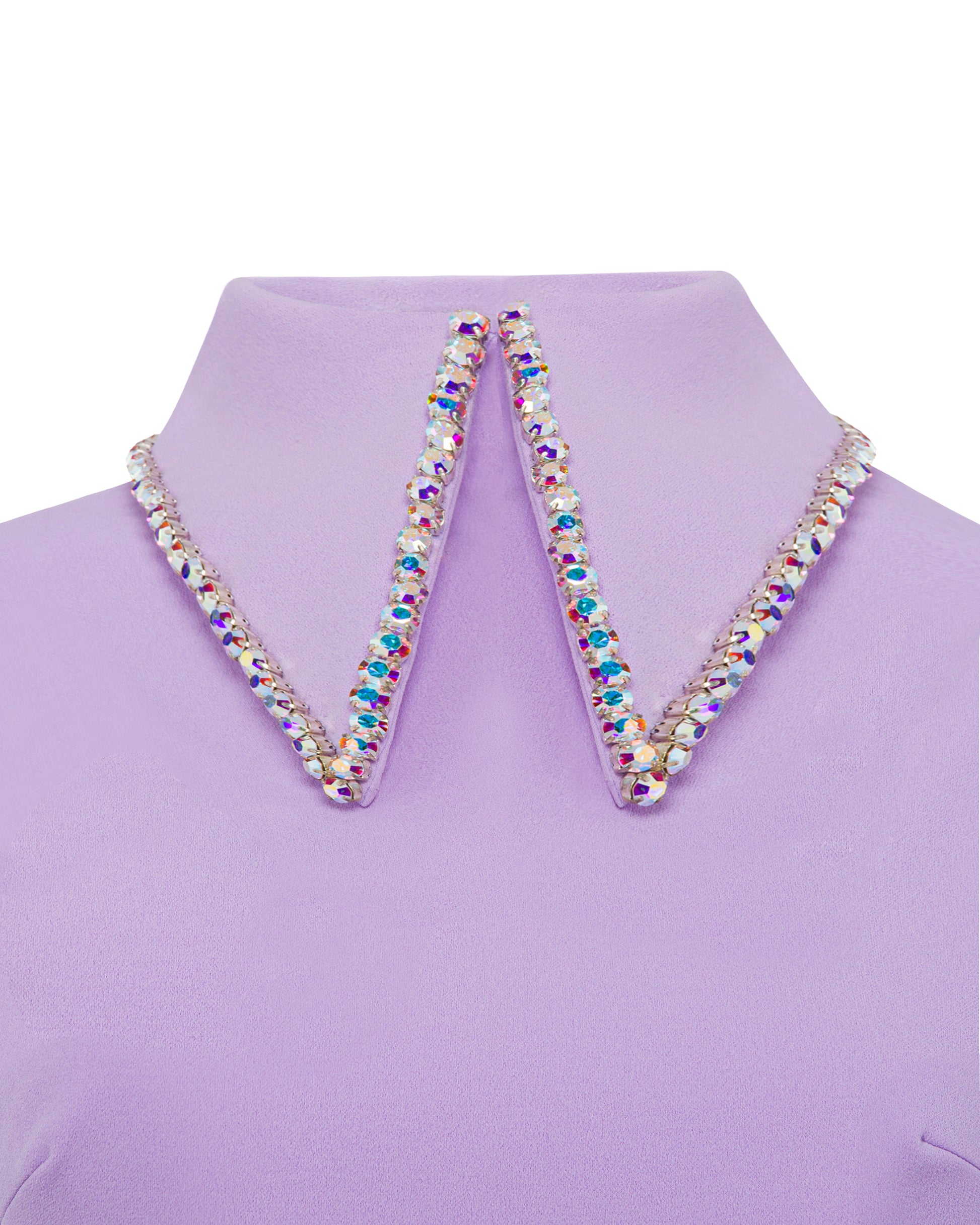 Crystal collar short dress with feather trimmed hem, lavender, collar