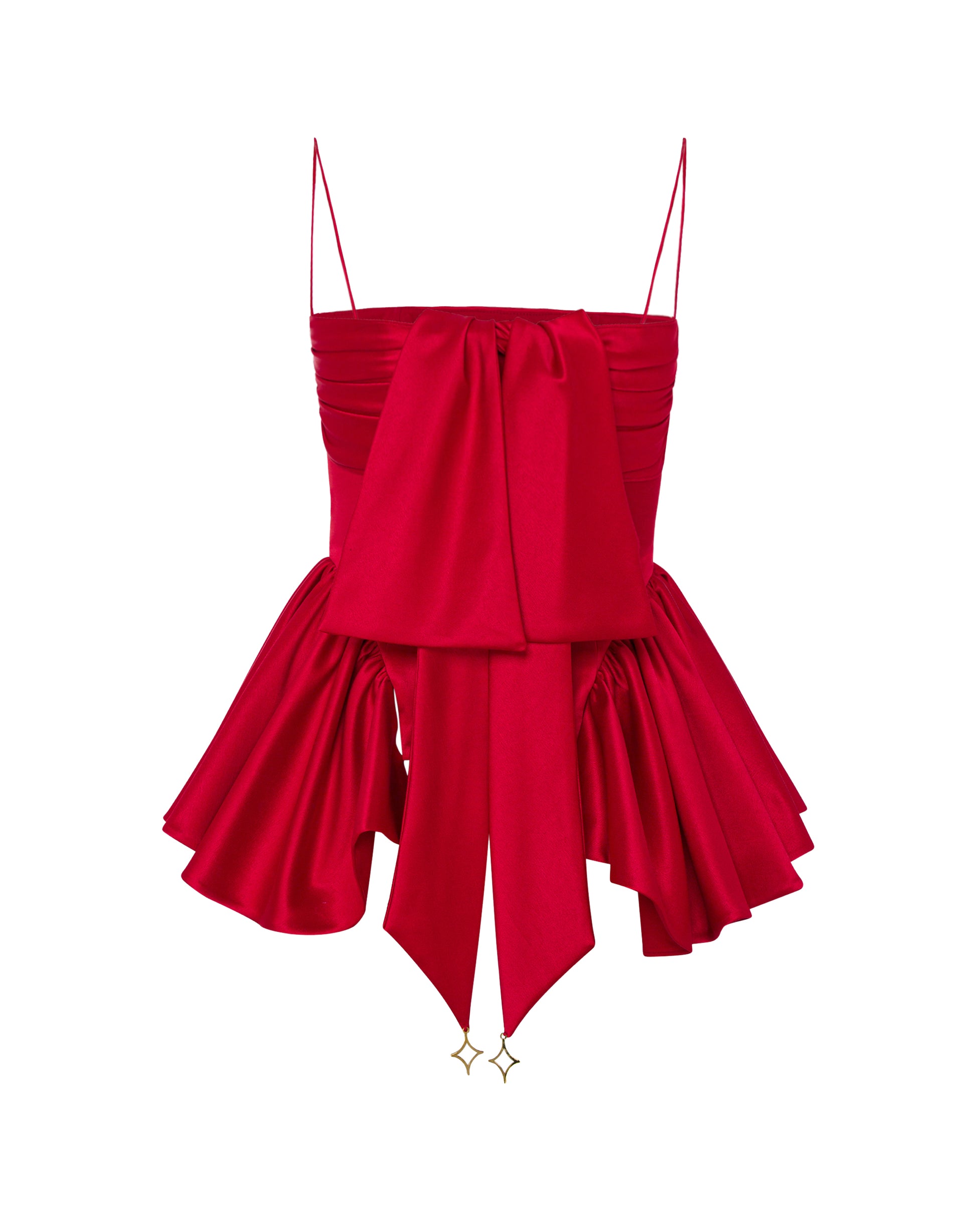 Red satin top, back. 