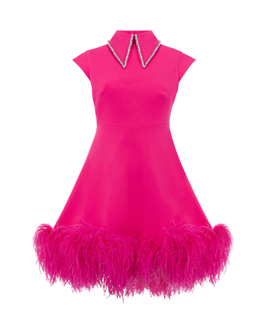 Crystal collar short dress with feather trimmed hem, Fuchsia, Front