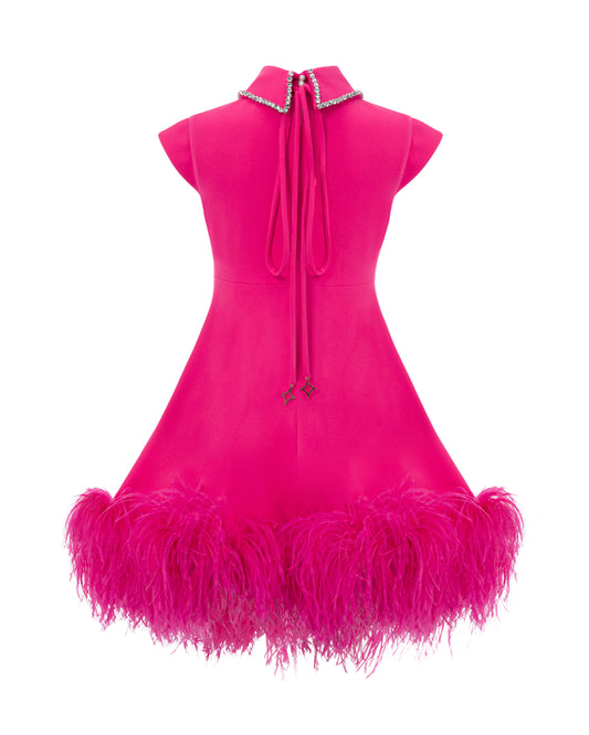 Crystal collar short dress with feather trimmed hem, Fuchsia, Back